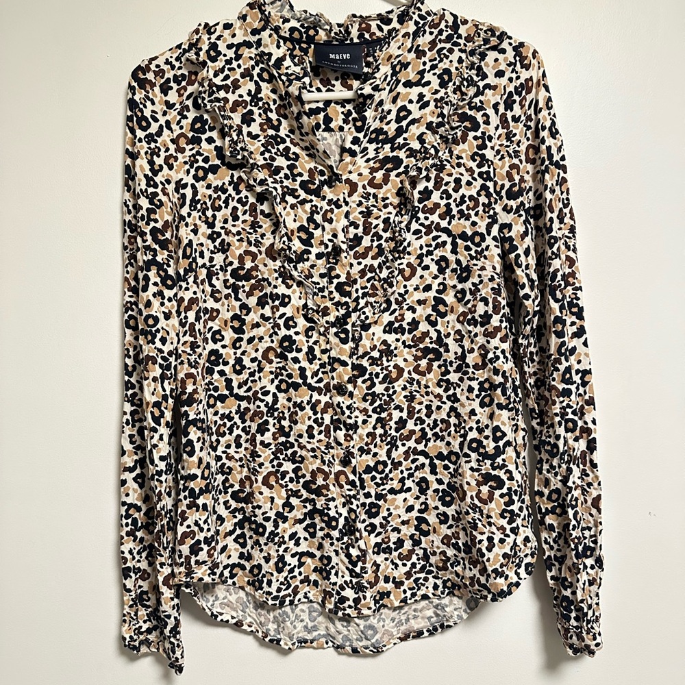 Maeve Leopard Print Ruffle-Trim Button-Down Blouse - Beige/Brown/Black